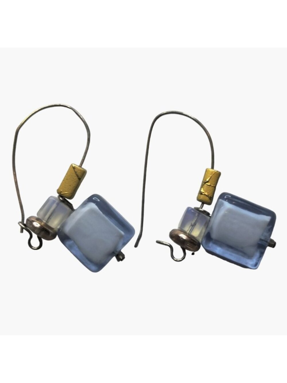 Blue Gold glass Artisan Earrings Hook Drop Dangle Vintage Upcycle  USA